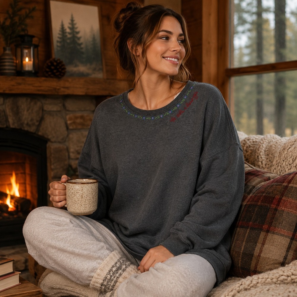 Natural Life Oversized Embroidered Split Side Tunic Sweatshirt L-XL Boho Cottage